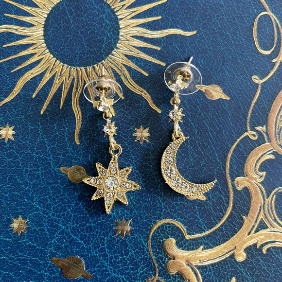 Gold Celestial Moon & Star Drop Dangle Earrings - Picture 3 of 6